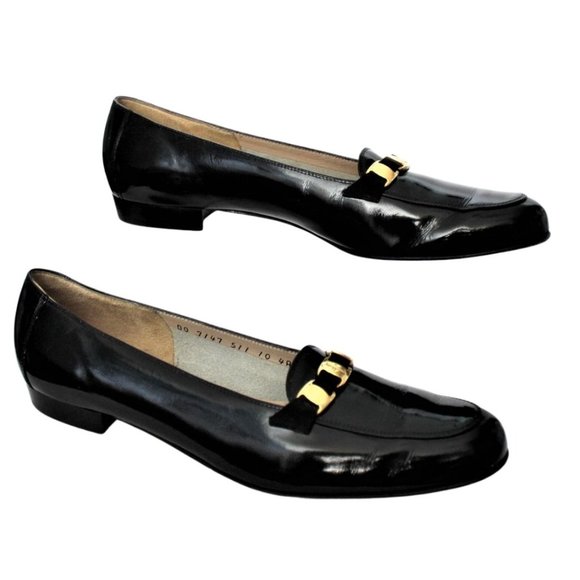 VTG Salvatore Ferragamo Loafer Black Patent Leather Gold Chain Accent Size 10 4A - Picture 4 of 12